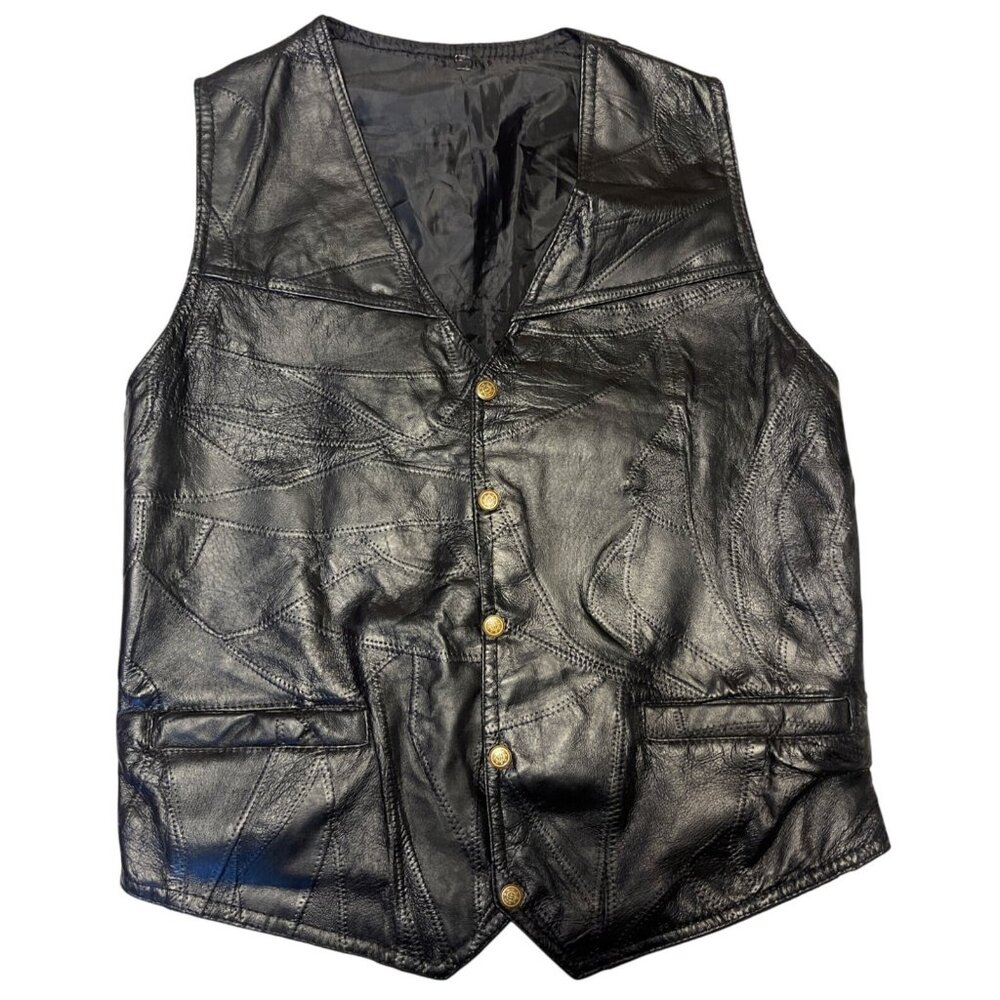 Custom Vintage Napolene Leather Outfitters Mens Patchwork Biker Vest Snap Button